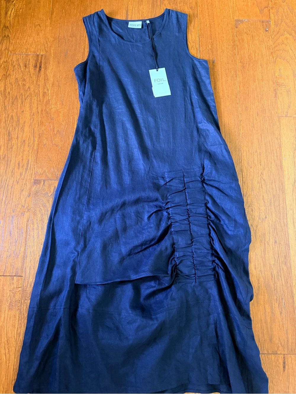 Foil Navy Linen Ruched Maxi Dress